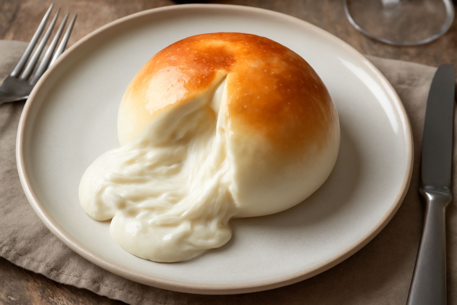 Fior di latte affumicato bianco e leggermente dorato, tagliato a metà con pasta cremosa all'interno, posto su un piatto bianco con gocce d'acqua fresca intorno