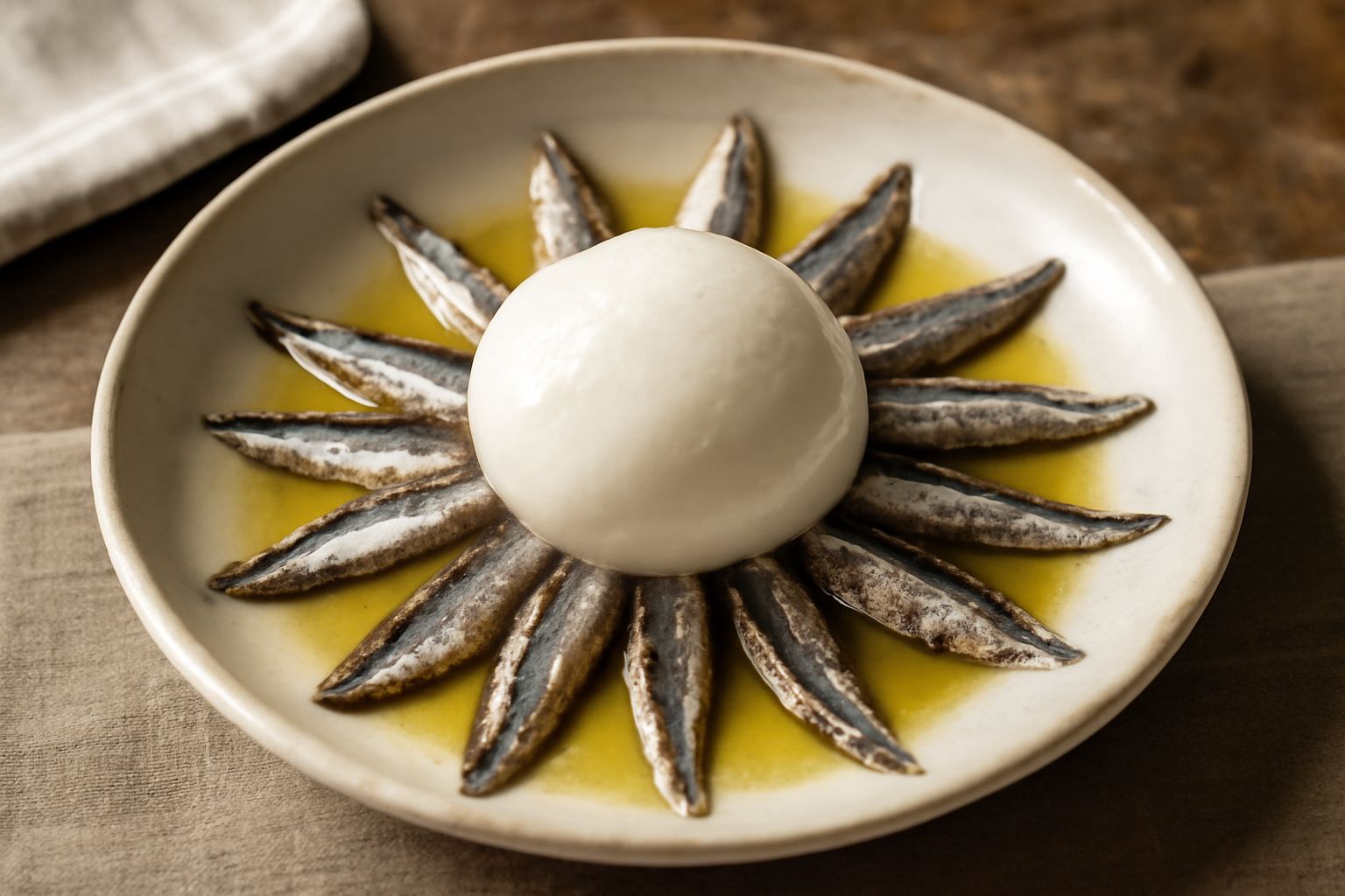 Piatto bianco con fior di latte cremoso al centro, alici argentee salate disposte a raggiera, olio extravergine che brilla, pepe nero e prezzemolo fresco tritato