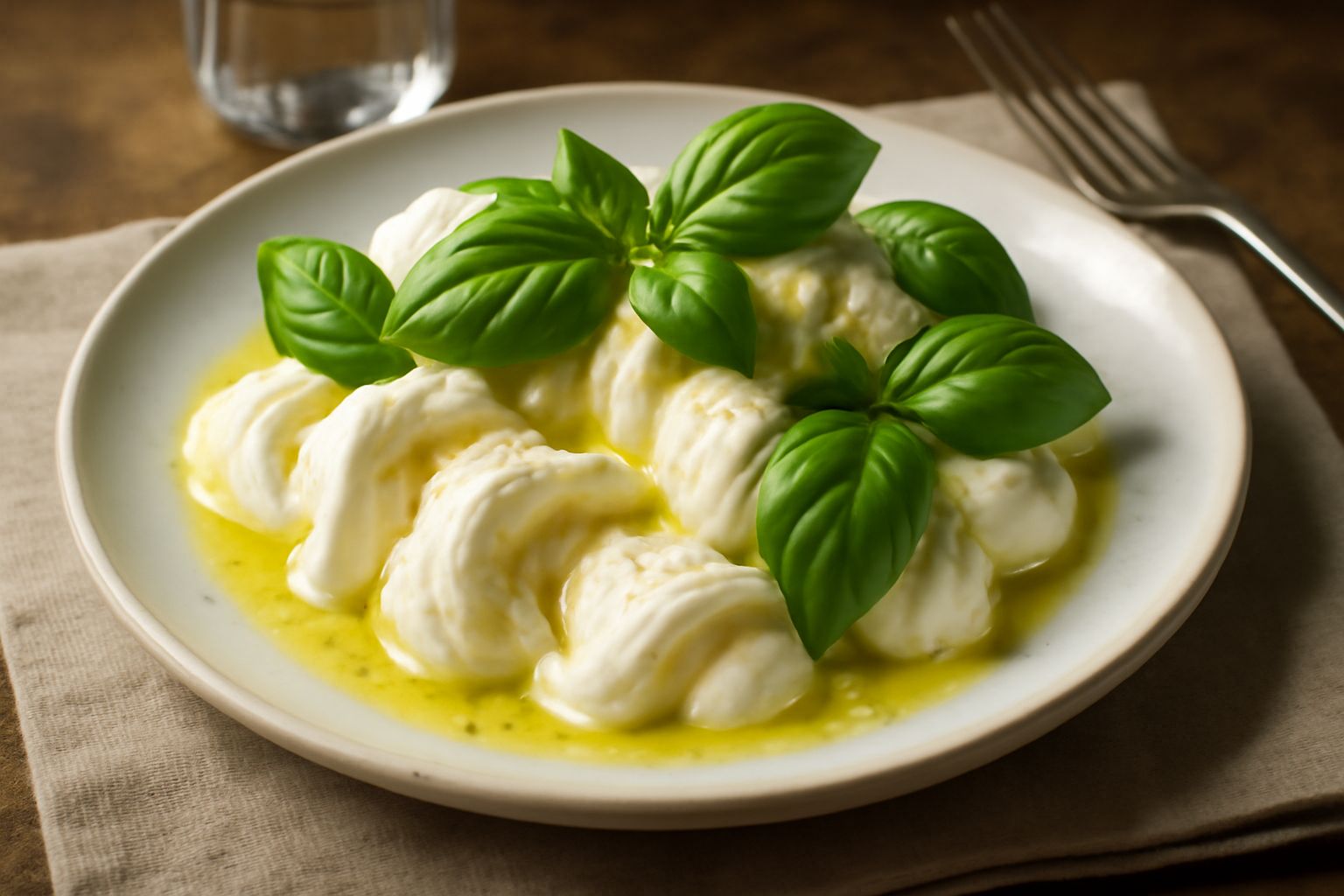 Fior di latte bianco panna a fette su un piatto bianco, decorato con foglie di basilico verde brillante, gocce di olio extravergine verde scuro, sale marino grosso e pepe nero macinato