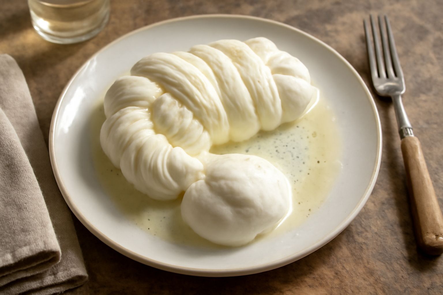 Fior di latte appena formato, bianco e lucido, ancora caldo, staccato con un cucchiaio da latte bollente. Accanto una ciotola con acqua salata gelida.