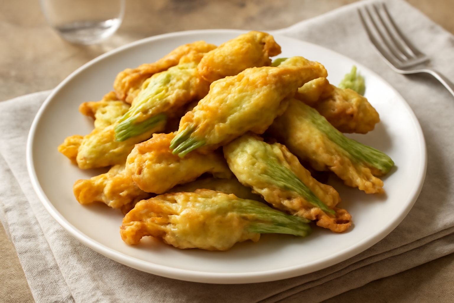Quattro fiori di zucca fritti dorati e croccanti su carta assorbente bianca, con il ripieno di mozzarella visibile dentro, sfondo neutro da cucina
