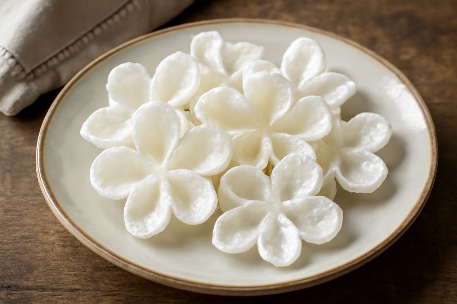 Fiori di zucchero bianchi e trasparenti con forma di petalo, impilati in una ciotola di ceramica bianca su un tavolo di legno chiaro, con accanto un cucchiaio di legno e foglie di menta fresca