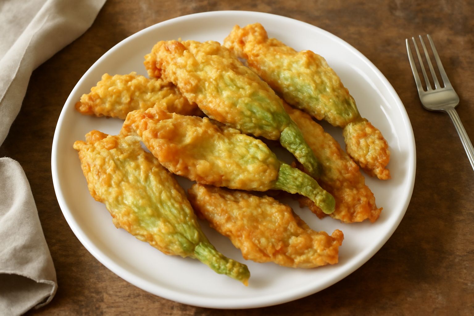 Fiori di zucca fritti dorati e croccanti disposti su carta assorbente, con il ripieno di ricotta visibile da un lato, accanto a una ciotola di olio e un piatto bianco