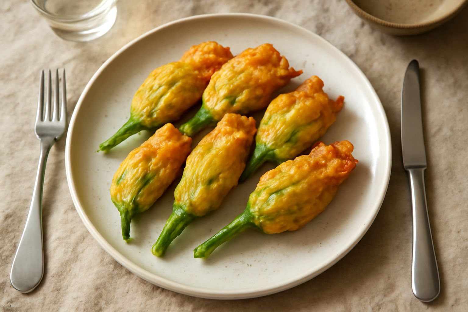 Quattro fiori di zucca fritti dorati e croccanti su carta assorbente bianca, ripieno visibile dove i petali si aprono leggermente, su fondo neutro