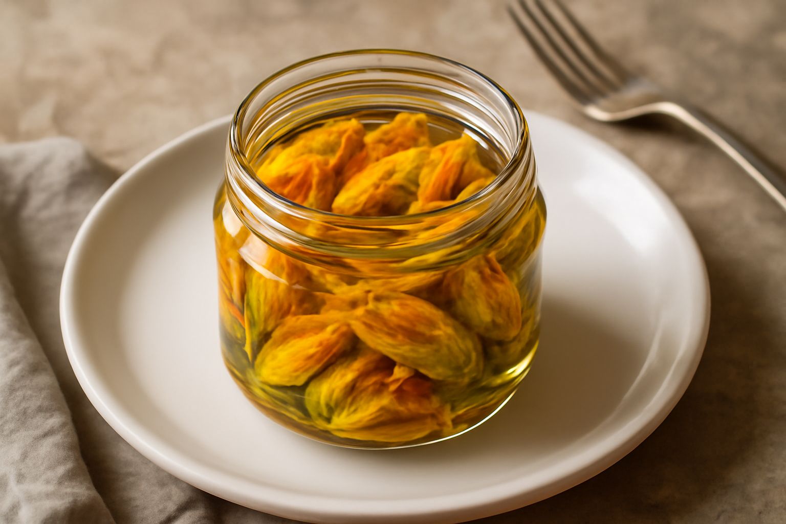 Barattolo di vetro trasparente con fiori di zucca gialli croccanti immersi in olio d'oliva trasparente, fiori interi ben visibili, sfondo bianco