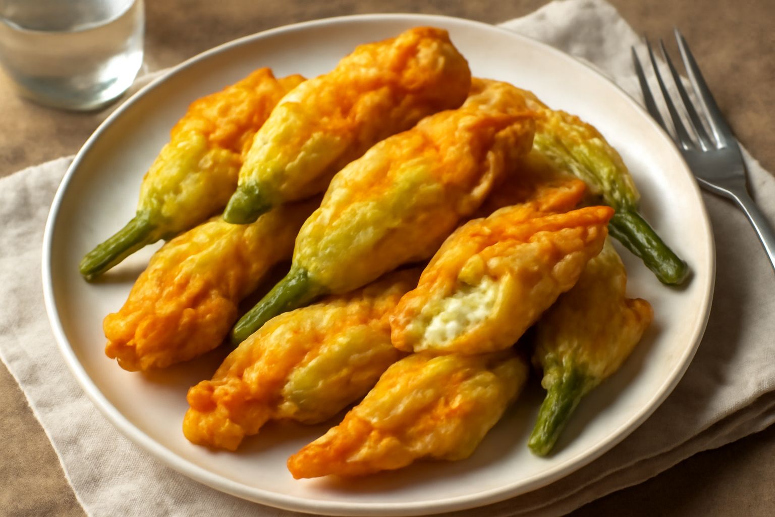 Fiori di zucchina dorati e croccanti in pastella, appena fritti, su carta assorbente bianca, con fiori ancora turgidi e ripieno di ricotta visibile dal bordo, accanto a una ciotola di salsa al pomodor