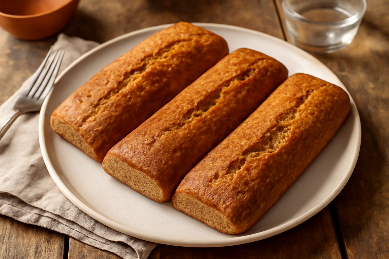 Fladenbrote appena sfornati su una tavola di legno, pani rettangolari color marrone dorato con crosta screpolata, affiancati da una ciotola di burro e una tazza di caffè