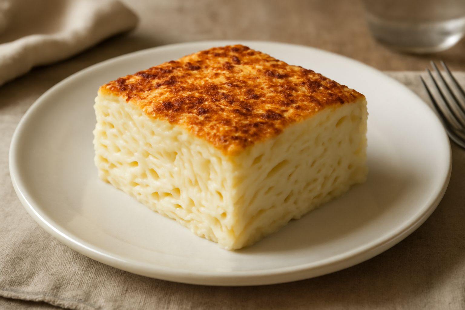 Flan di pasta dorato in superficie, cremoso all'interno, servito in un piatto bianco con contorno di insalata verde e bordo di formaggio grattugiato fuso