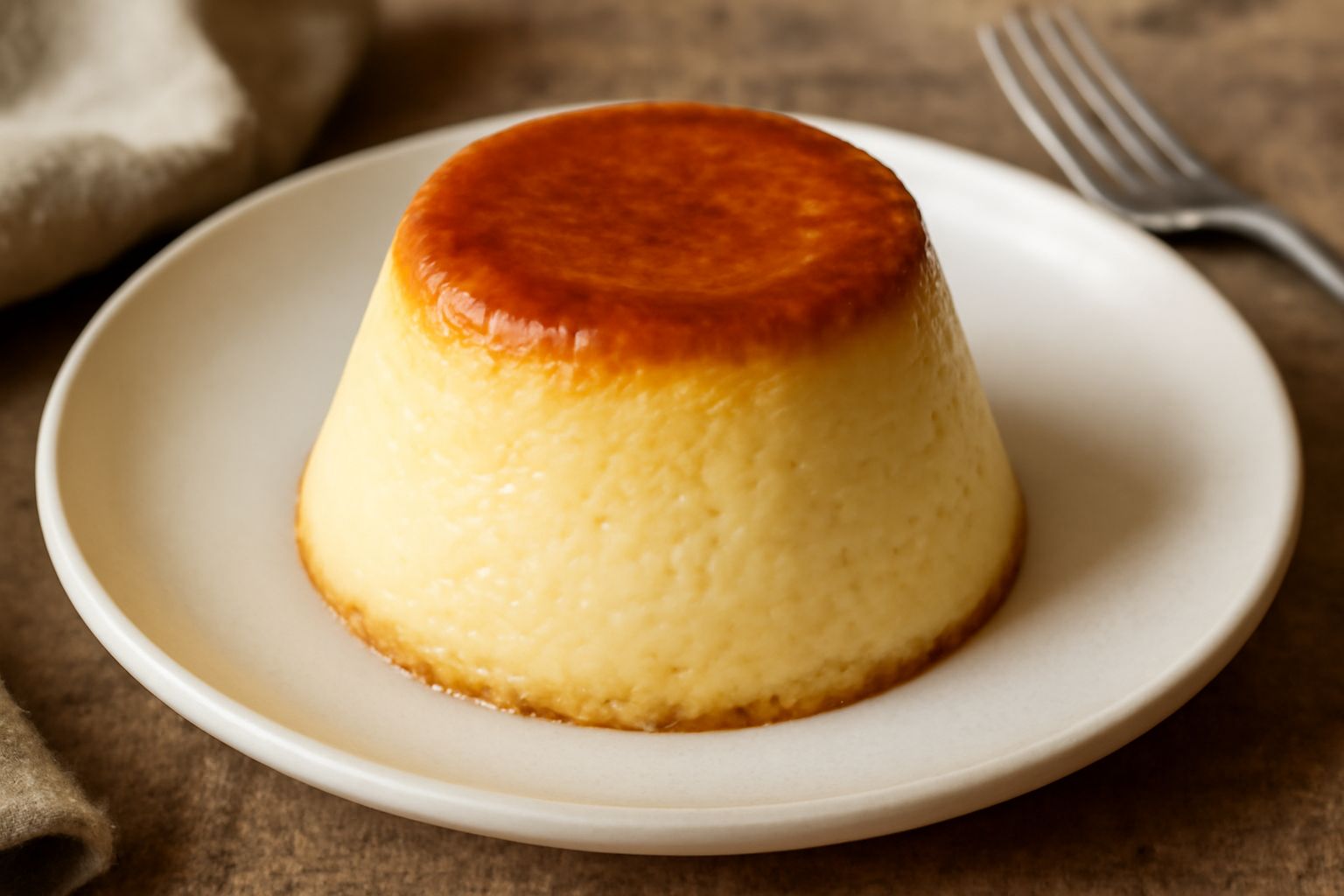 Flan di ricotta dorato e lucido, appena sfornato, tagliato a fette in un piatto bianco con crema caramellata sulla superficie e ricotta visibile all'interno