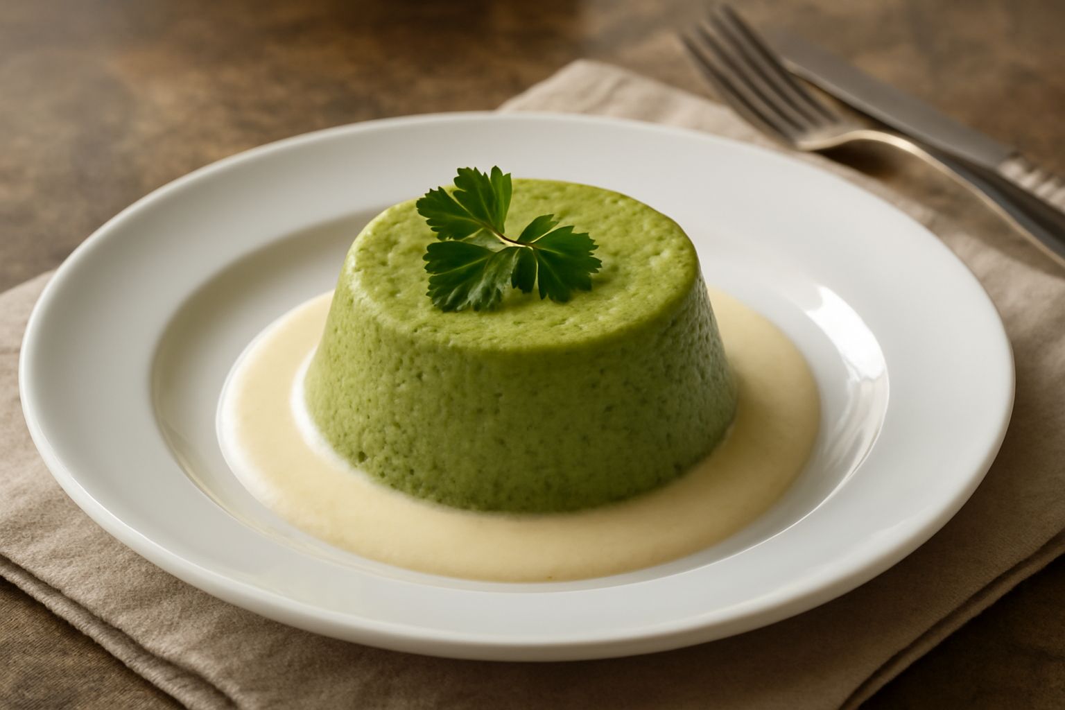 Flan di verdure color verde salvia appena sfornato, con superficie liscia e cremosa, servito su un piatto bianco con un contorno di salsa di pomodoro e rucola fresca