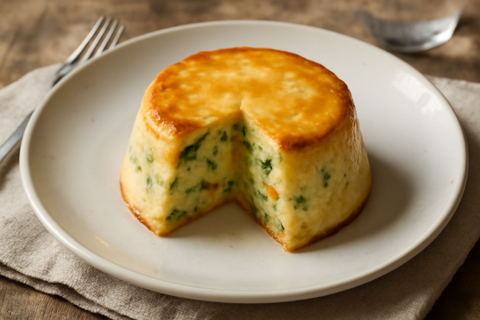 Flan di verdure servito in piatto bianco, sformato con superficie dorata, contorno di carote e zucchine tagliate a dadini, guarnito con prezzemolo fresco e una leggera glassa di formaggio