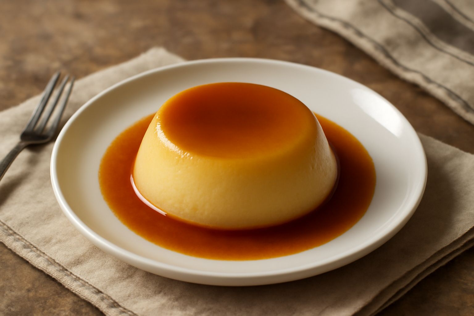 Flan modenese rovesciato in un piatto bianco, dorato e lucido, con una salsa di caramello brunastro intorno, consistenza liscia e brillante, guarnito leggermente con un'impreziosita di zucchero carame