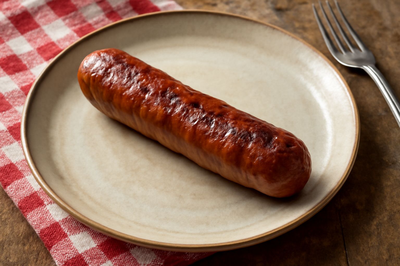 Fleischknackwurst grigliata su tavolo di legno, con tracce di carbonizzazione sulla pelle brunita, vapore visibile, circondata da fette di pane tostato e senape