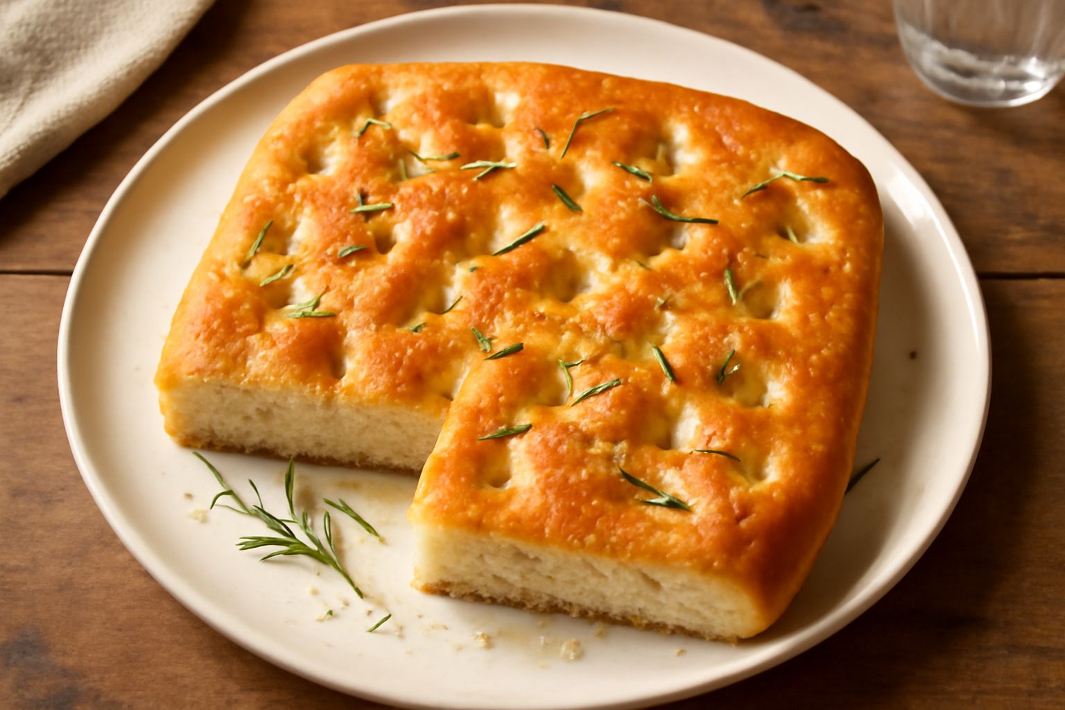 Focaccia rettangolare dorata con fossette profonde, cosparsa di sale grosso e rosmarino fresco, olio d'oliva che brilla in superficie, su carta da forno in teglia da forno