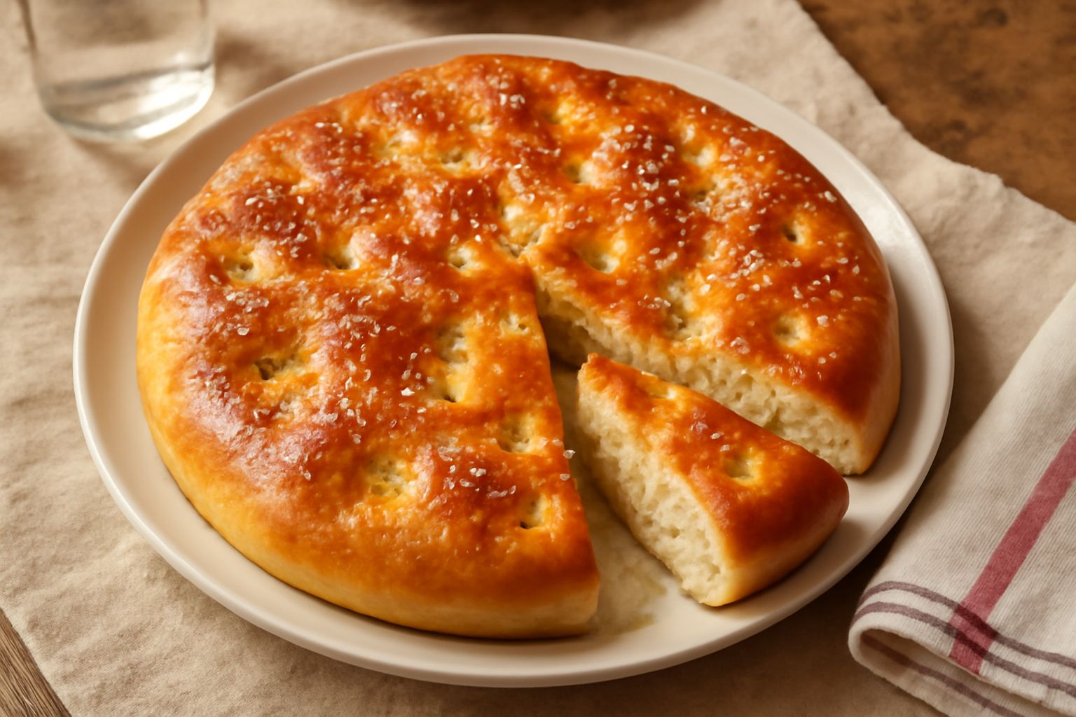 Focaccia abruzzese appena sfornata, superficie dorata e brillante d'olio, con granelli di sale grosso visibili, posta su un canovaccio bianco di lino