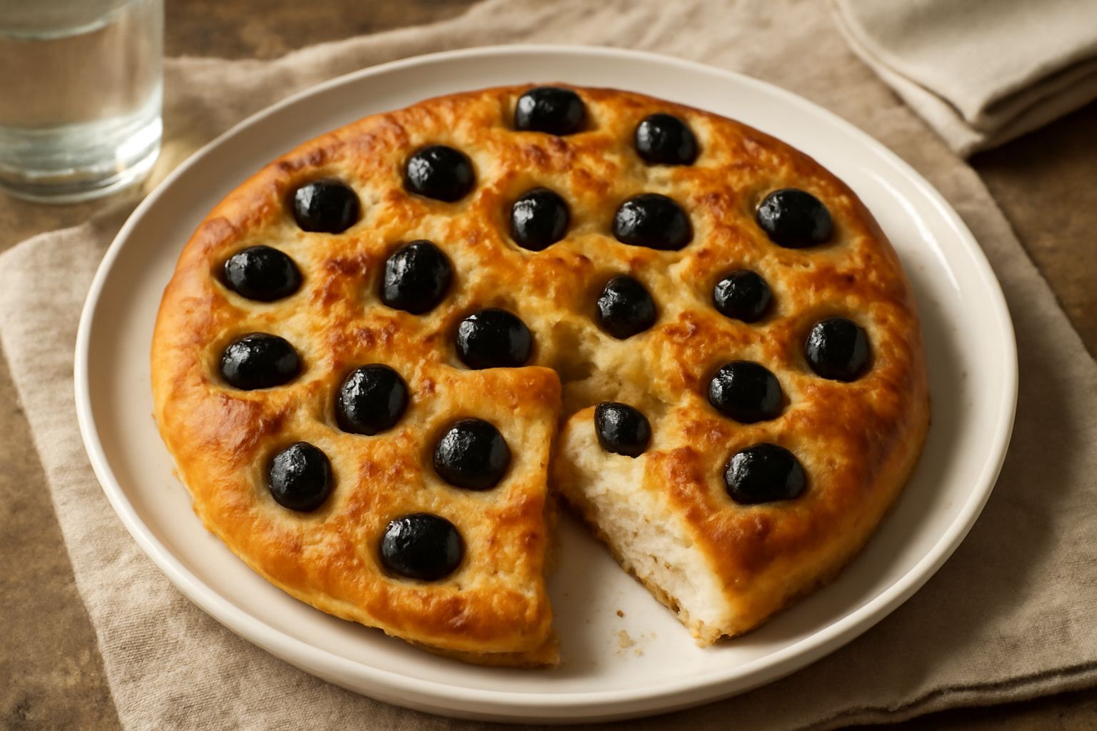 Focaccia rettangolare dorata con olive nere sparse sulla superficie, fini gocce d'olio d'oliva lucido, sale marino grosso visibile, servita su tavolo di legno chiaro