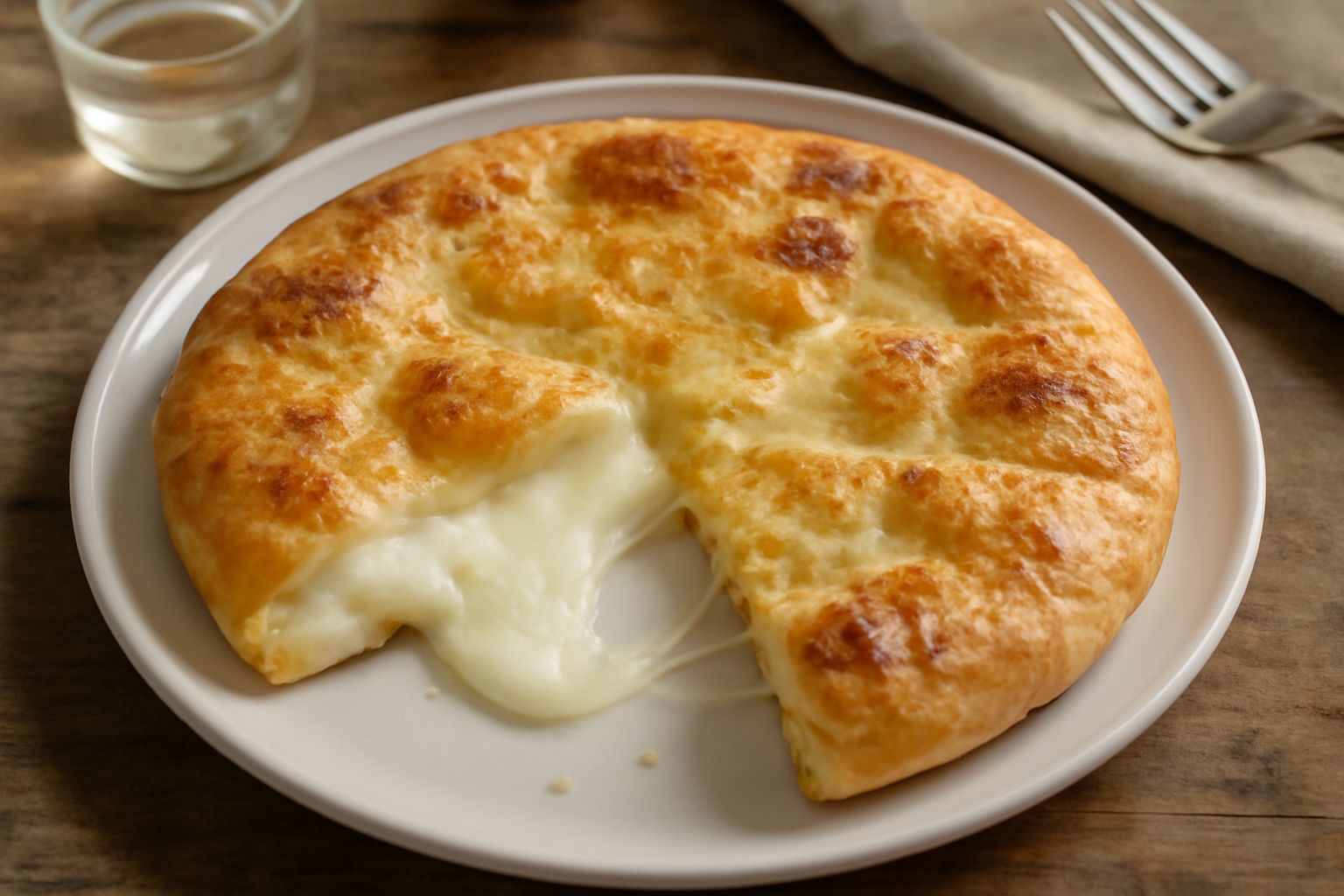 Focaccia ai formaggi tagliata a spicchi, con crosta dorata e striature di olio, ripieno di mozzarella filante e scamorza fusa, su tavolo bianco con tovagliolo beige