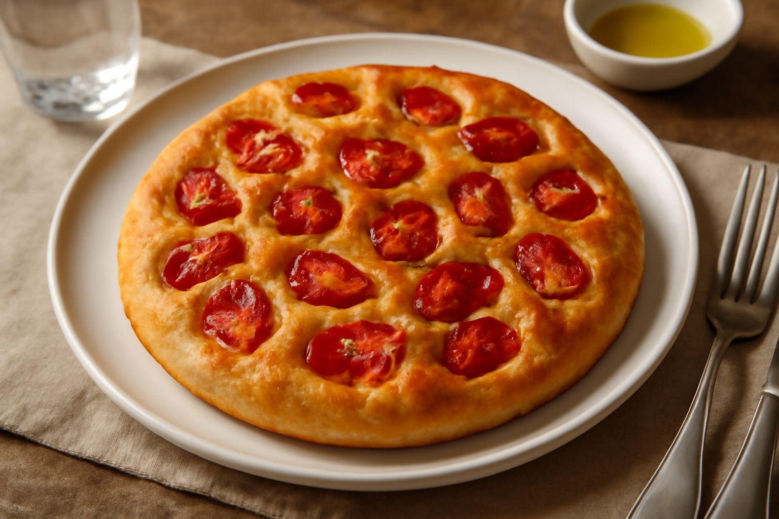 Focaccia appena sfornata con pomodorini rossi, pozze di olio d'oliva, sale marino grosso visibile sulla superficie dorata, poggiata su carta bianca con vapore leggero