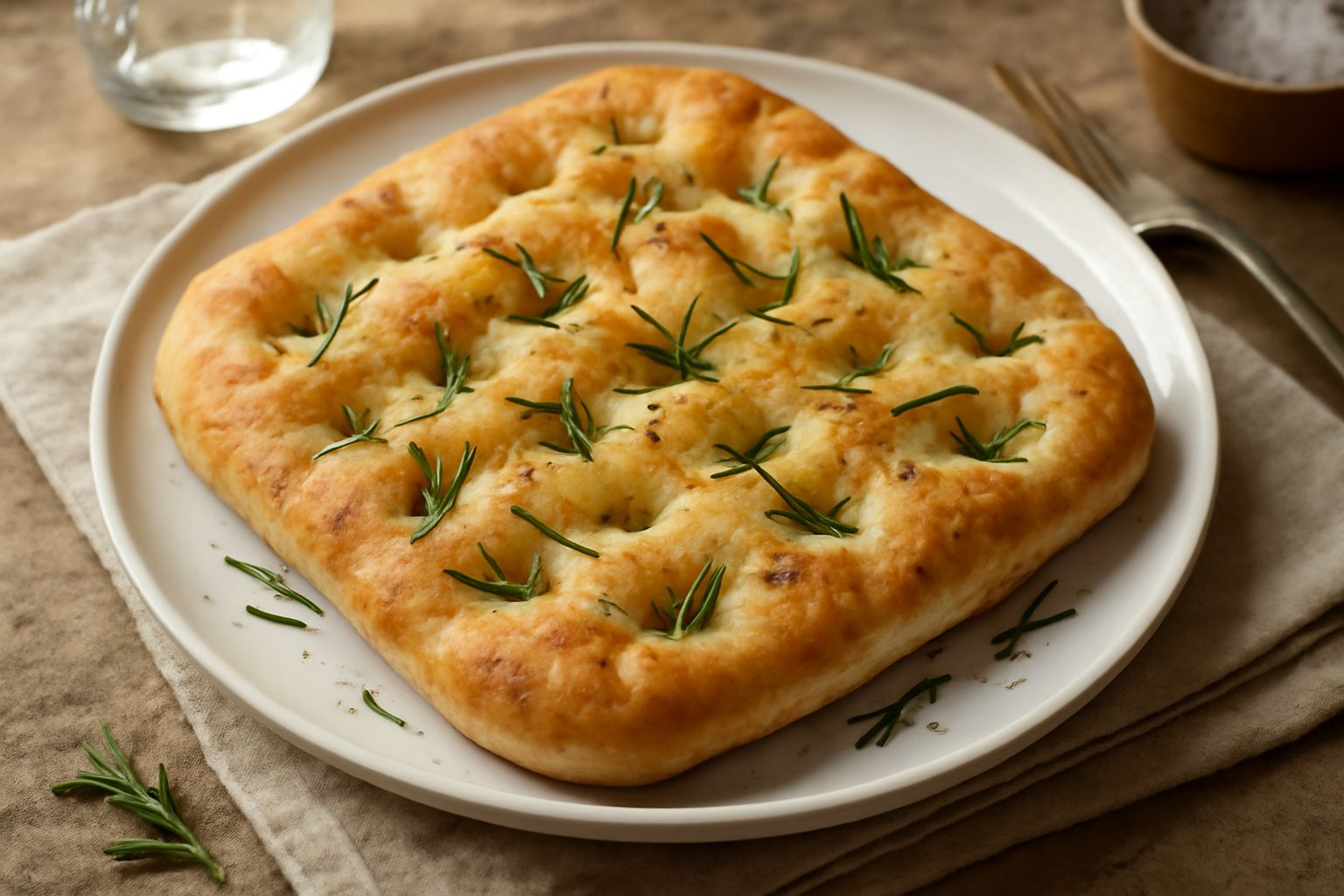 Focaccia ai rosmarini rettangolare, dorata in superficie, con rosmarino fresco visibile e grani di sale grosso, tagliata a porzioni su una tavola di legno, interno soffice ben visibile sulla fetta