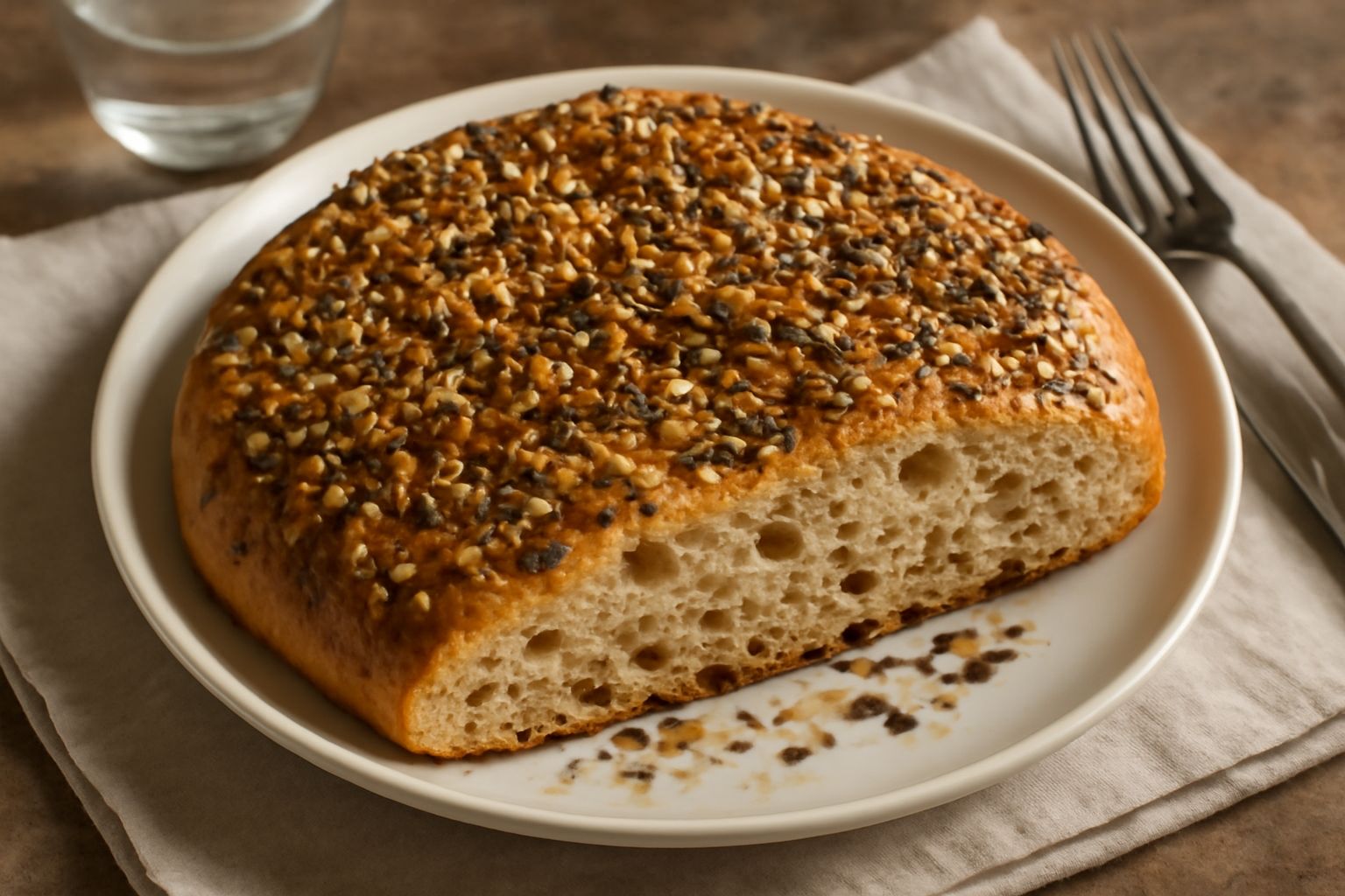 Focaccia dorata con superficie croccante ricoperta di semi di girasole, sesamo bianco e nero, e lino, su un piatto bianco, con leggere fossette caratteristiche e olio d'oliva lucido sulla crosta