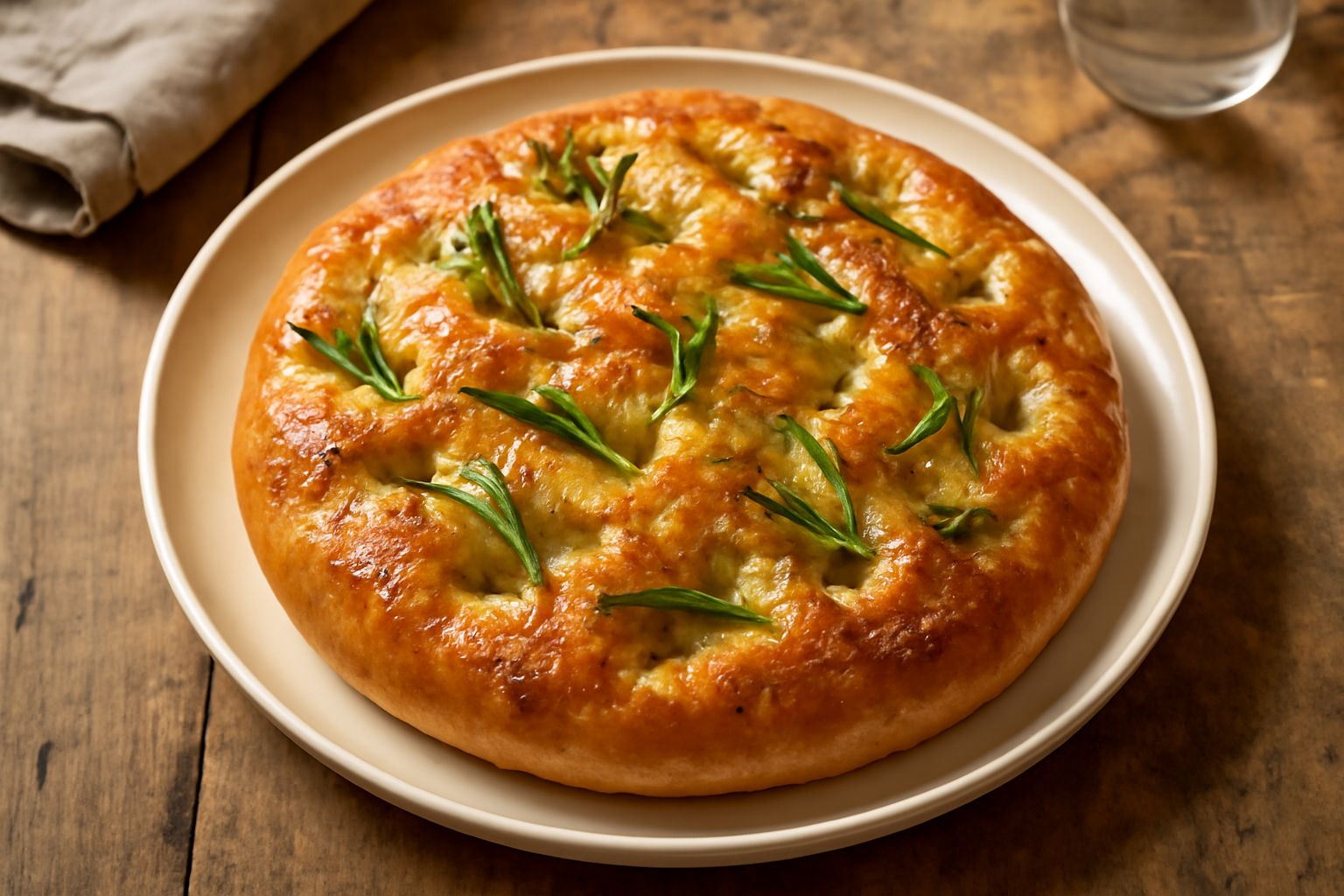 Focaccia rettangolare appena sfornata, dorata con piccole fossette sulla superficie, coperta da rosmarino fresco e sale grosso, su un piatto bianco con accanto rametti di erbe aromatiche