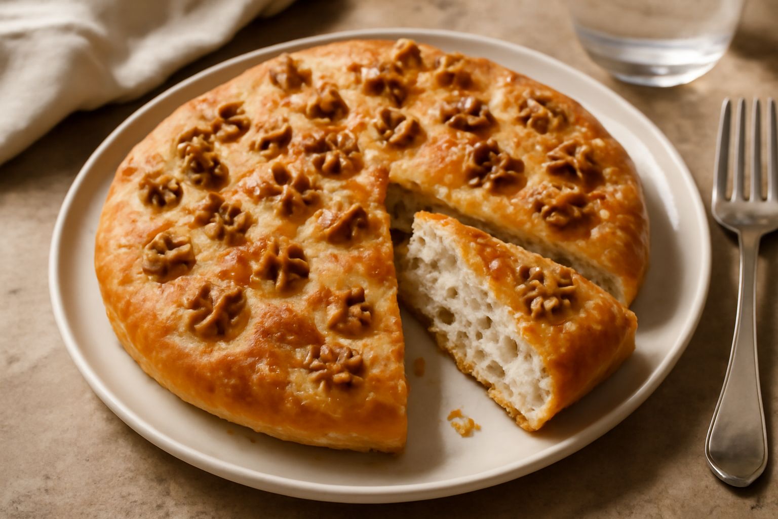 Focaccia alle noci dorata in teglia, con noci spelate sparse in superficie, olio d'oliva lucido e cristalli di sale grosso visibili, taglio netto che mostra l'interno morbido e alveolato