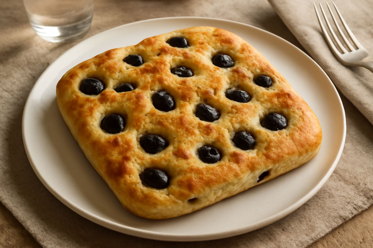 Focaccia rettangolare dorata con fossette profonde in cui brillano olive nere intere, cosparsa di sale grosso e olio lucido, su un piatto bianco