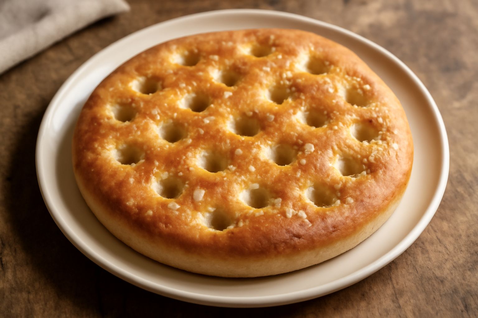 Focaccia all'olio appena sfornata, rettangolare e dorata, con fossette profonde riempite d'olio lucido, sale marino grosso sparso in superficie, appoggiata su una tavola di legno