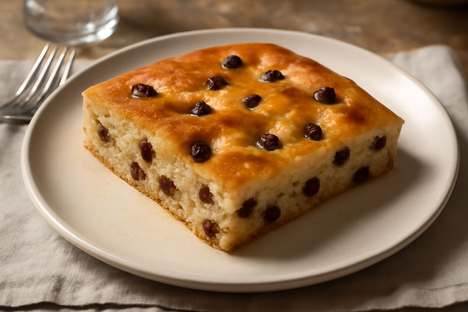 Focaccia all'uvetta dorata su un piatto bianco, con superficie leggermente oleata, uvetta visibile nella mollica, spezzata a metà per mostrare la consistenza morbida e i chicchi d'uva scuri sparse den