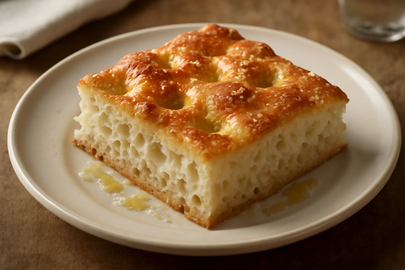 Focaccia alta dorata, soffice, con avvallamenti tipici riempiti di olio d'oliva lucido e granelli di sale marino grosso visibili in superficie, intera su tavola di legno