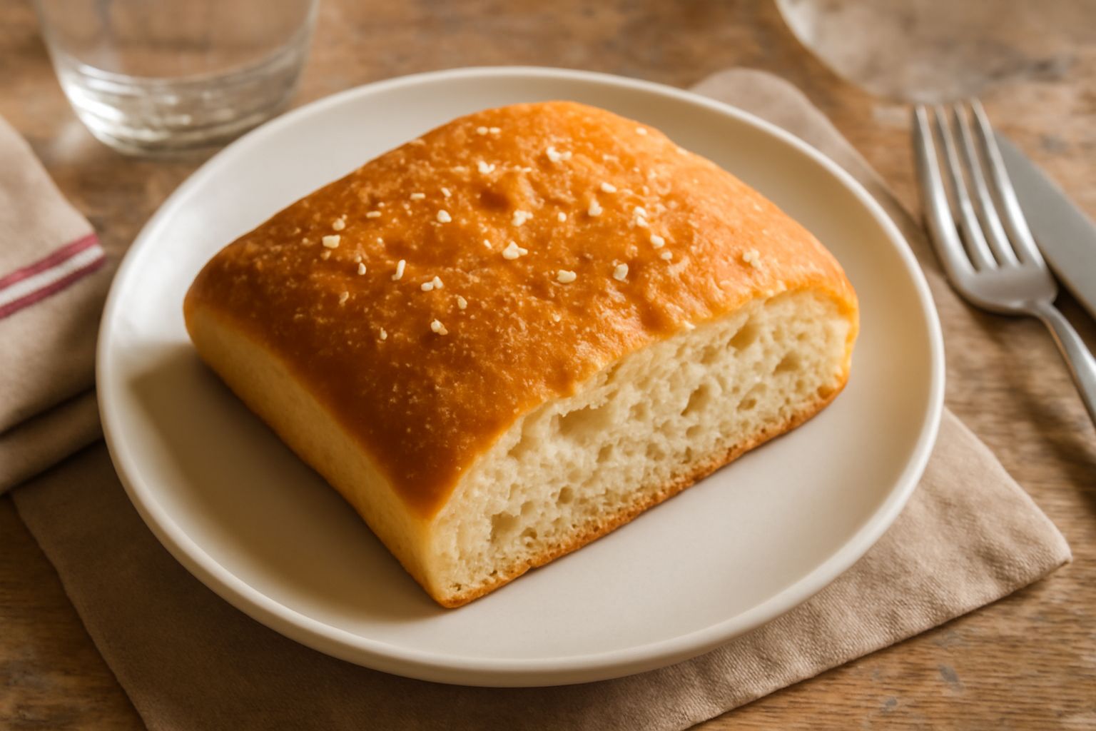 Focaccia aretina tagliata a fette su tavolo di legno, crosta dorata e brillante, con grani di sale marino visibili, mollica bianca e uniforme all'interno, cibo italiano toscano