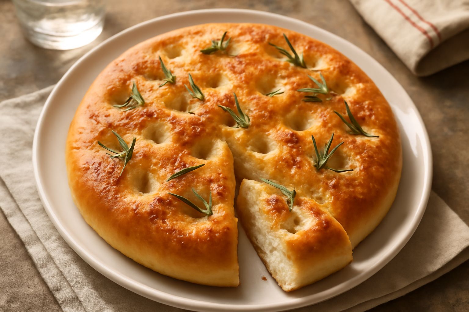 Focaccia ascolana dorata e soffice su superficie di legno, cosparsa di sale grosso e rosmarino fresco, con buchette caratteristiche e alone di olio lucido sulla superficie