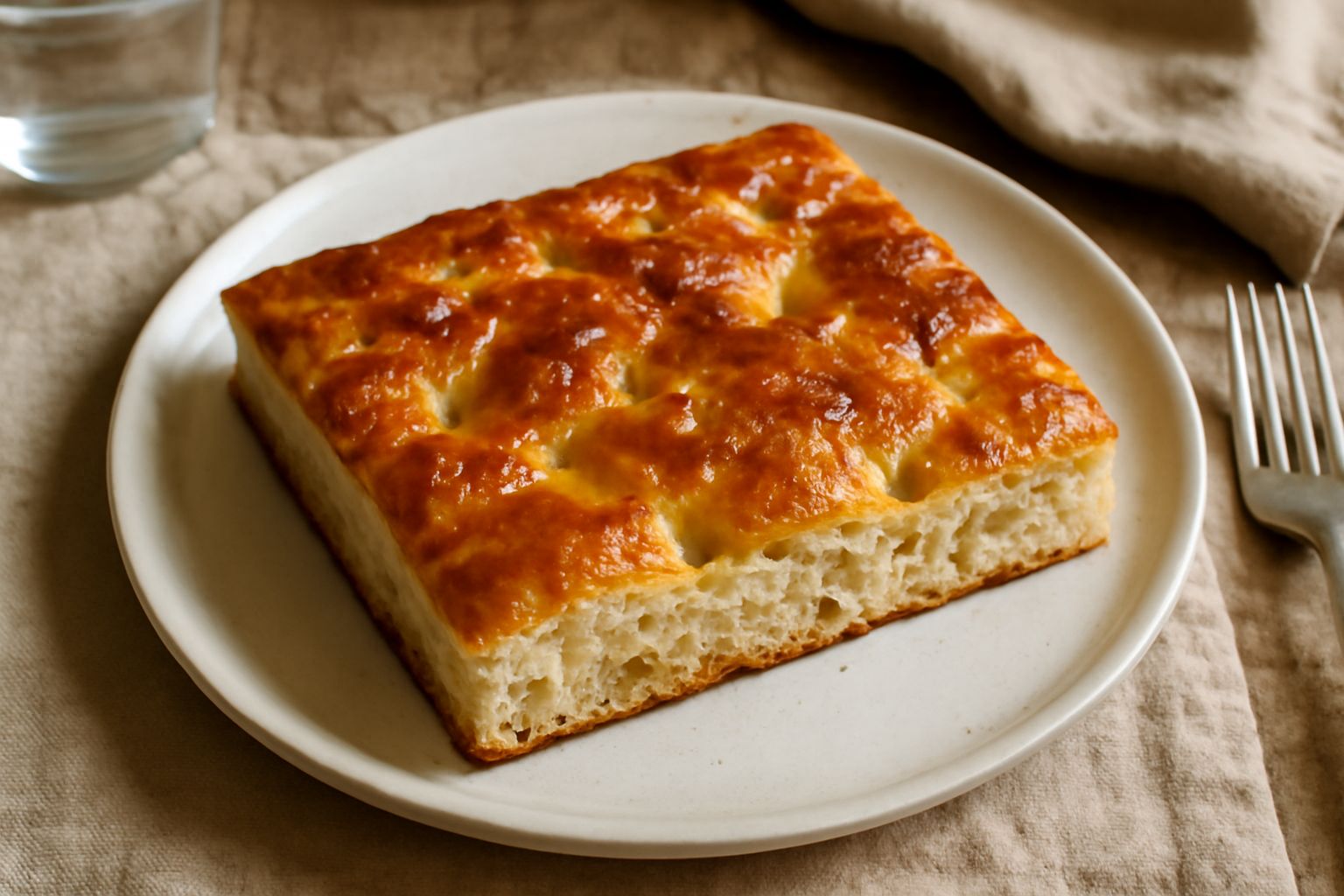 Focaccia barese appena sfornata, rettangolare, con crosta dorata lucida condita di olio e sale grosso, con leggeri avvallamenti sulla superficie, servita su carta bianca