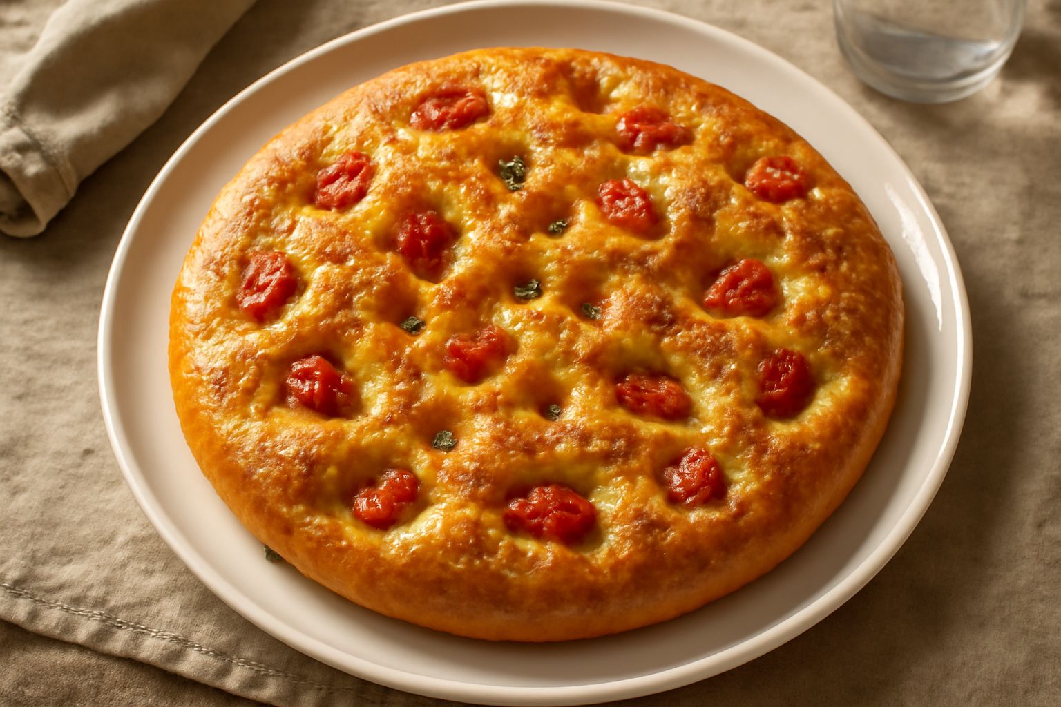 Focaccia appena sfornata con crosta dorata e brillante, costellata di sale grosso e piccole fossette, condita con olio extravergine, pomodori rossi a pezzetti e rosmarino fresco, su carta pergamena in