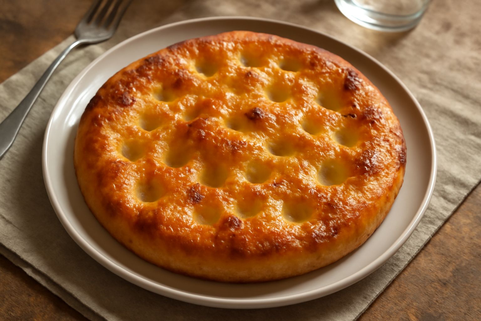 Focaccia barese bresciana dorata e croccante in superficie con fossette marcate, olio che lucida il pane, porzione tagliata che mostra interno soffice con alveoli fini, crosta marrone chiaro, poggiata