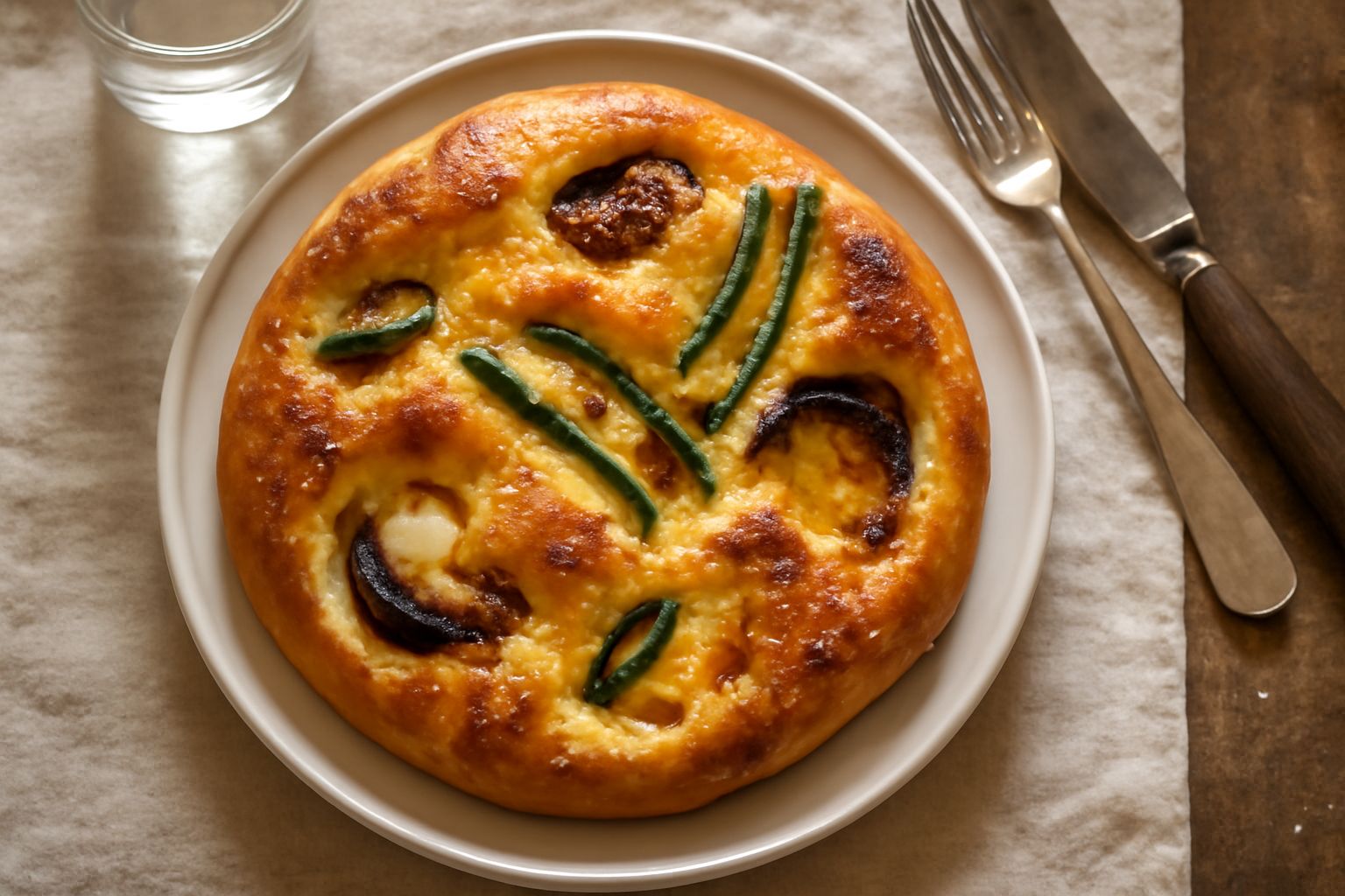 Focaccia barese dorata appena sfornata, ricoperta di sale grosso e olio d'oliva, con peperoni rossi e zucchine griglie visibili in superficie, tagliata in quadrati su una tavola di legno