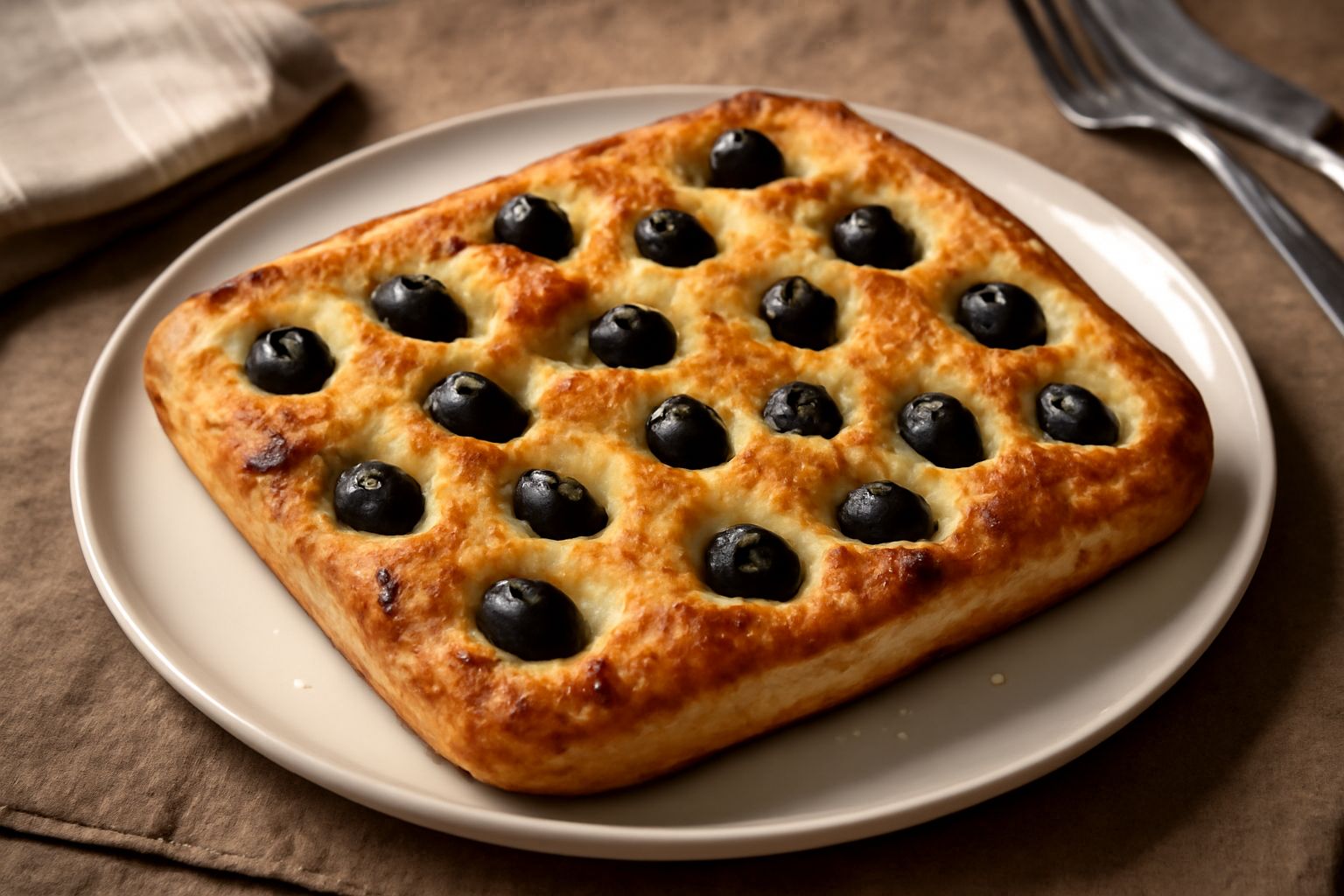 Focaccia barese rettangolare dorata con olive nere sparse, fossette profonde create dalle dita, filo di olio lucido in superficie, servita su carta bianca con un piattino di olio extravergine accanto