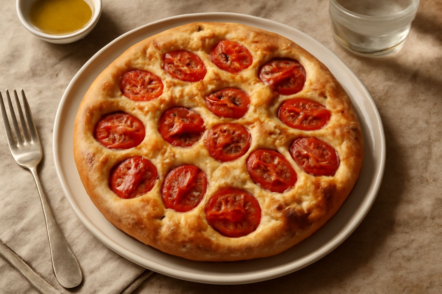 Focaccia barese rettangolare su carta parchegliata, superficie dorata con fori regolari, pomodori freschi rossi spessi, olio lucido in superficie, sale grosso bianco visibile, vapore leggero