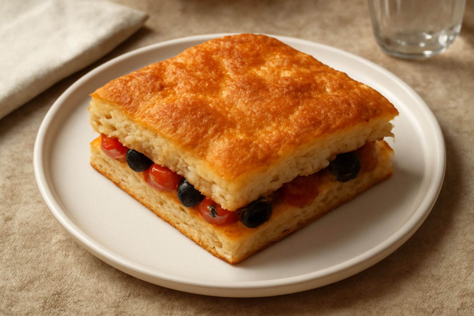 Focaccia barese doppia tagliata a metà, che mostra il ripieno di pomodori e olive nere, con la superficie dorata e leggermente brillante d'olio