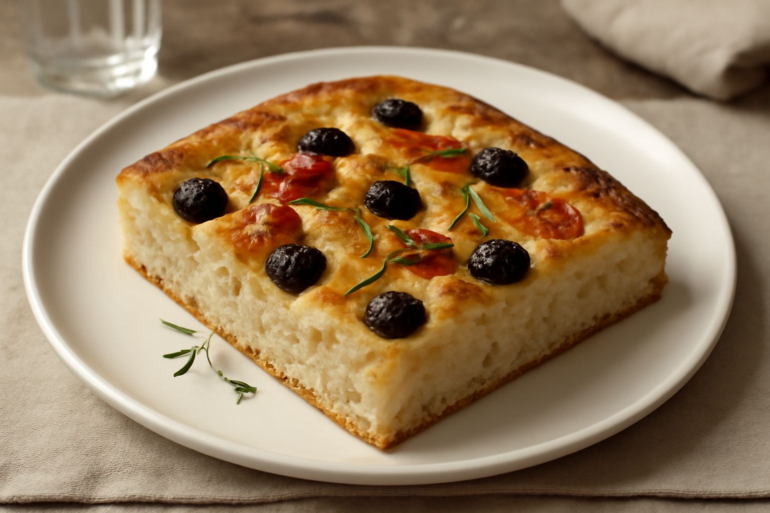 Focaccia rettangolare dorata con fossette profonde, olive nere sparse, pomodori rossi, rosmarino fresco e gocce di olio extravergine brillante sulla superficie, servita su un piano di legno