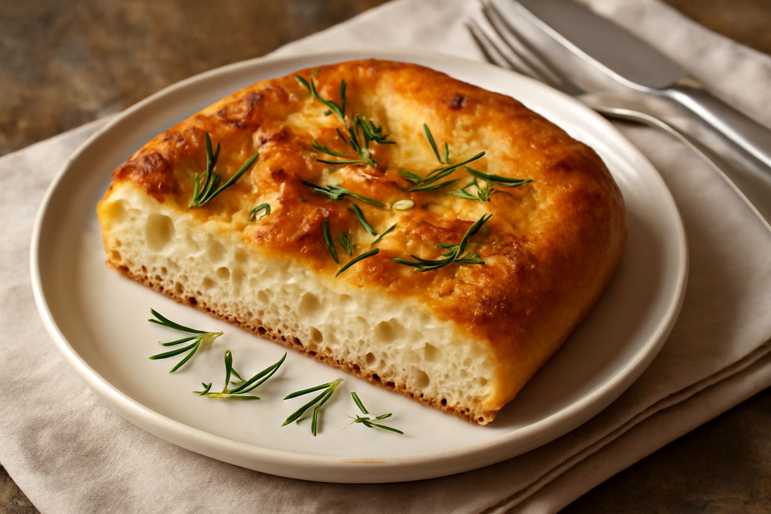 Focaccia dorata con cornicione gonfio e regolare, superficie bagnata di olio evo luccicante, rosmarino fresco e cristalli di sale grosso sparsi, impiattata intera su tagliere di legno naturale