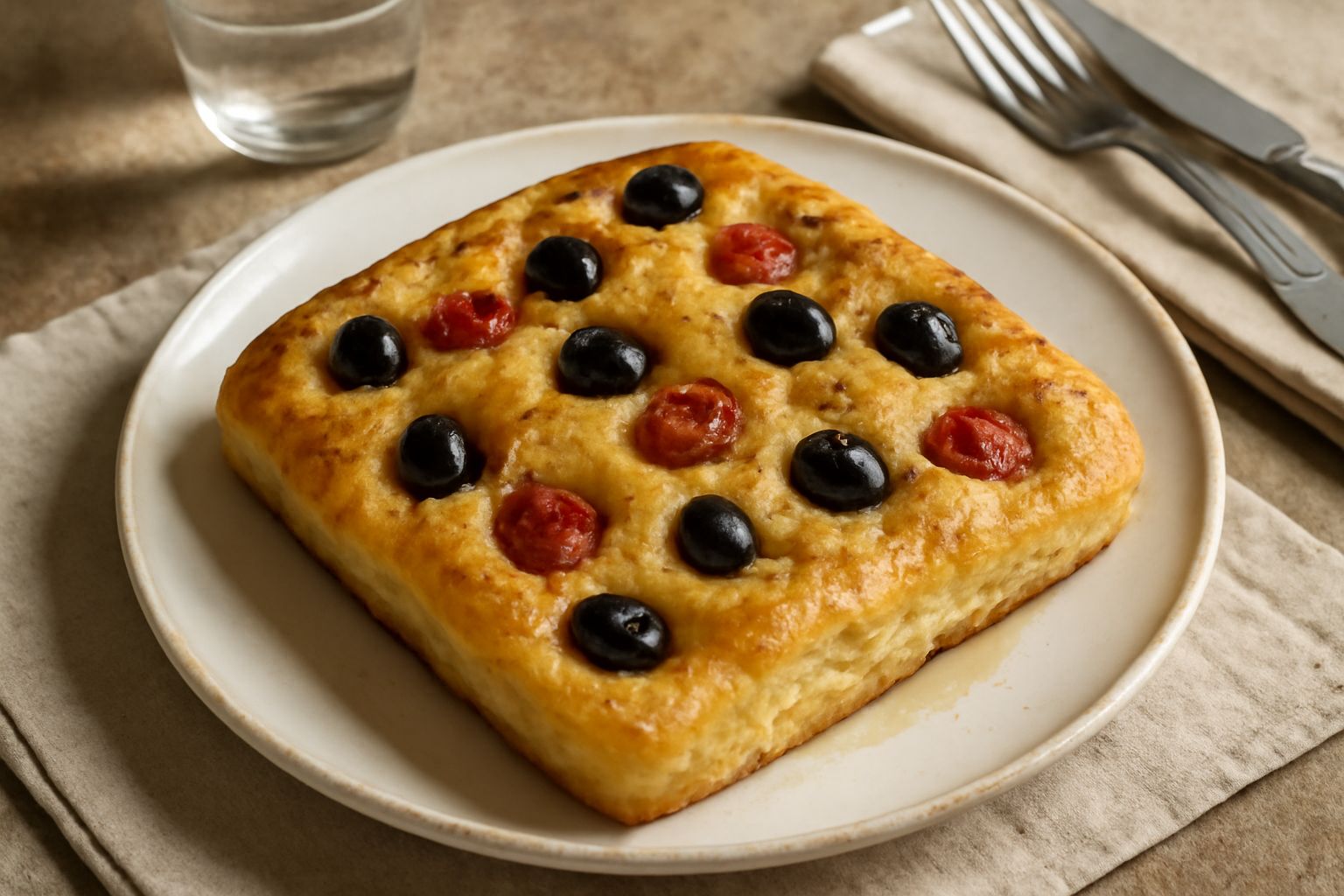 Focaccia barese ragusana dorata su un piatto bianco, con fossette profonde, olive nere sparse, pomodorini rossi e cristalli di sale grosso in superficie, condita con olio d'oliva verdastro