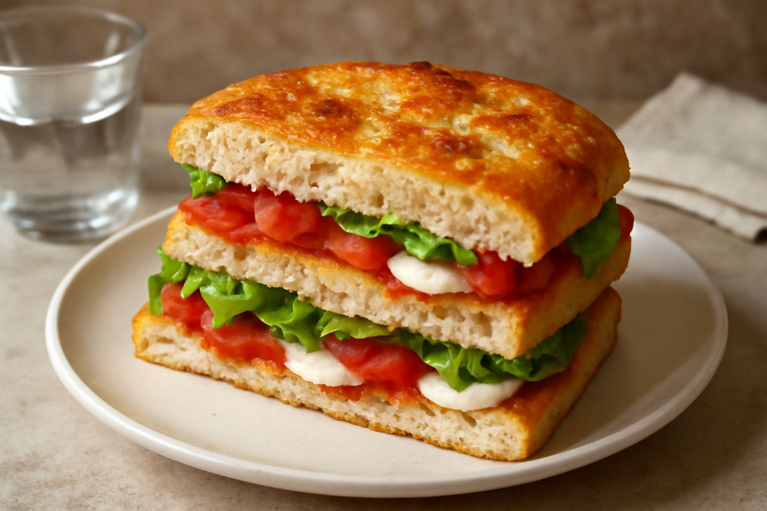 Focaccia barese ripiena tagliata a metà, crosta dorata e croccante in superficie, interno soffice con strati di pomodoro rosso, lattuga, mozzarella bianca, pollo e olio d'oliva visibile, servita su un