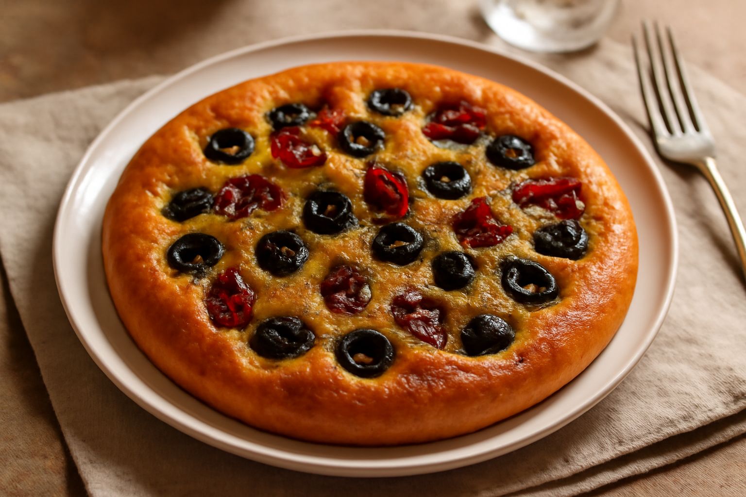 Focaccia dorata con fossette pronunciate, condita con olive nere tagliate, pomodorini secchi rossi e sale grosso, servita su piatto bianco con un filo di olio evo e una spruzzata di zest di limone gia