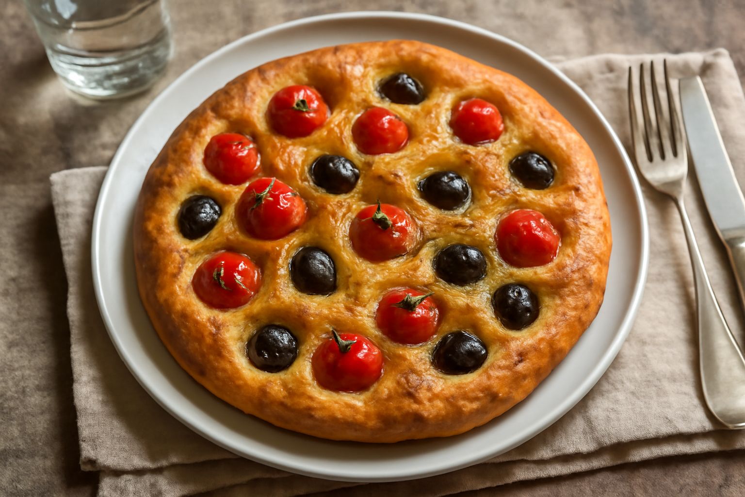 Focaccia barese siciliana appena sfornata con superficie dorata e irregular con pomodorini rossi interi e olive nere sparse, condita con olio d'oliva brillante e grani di sale grosso