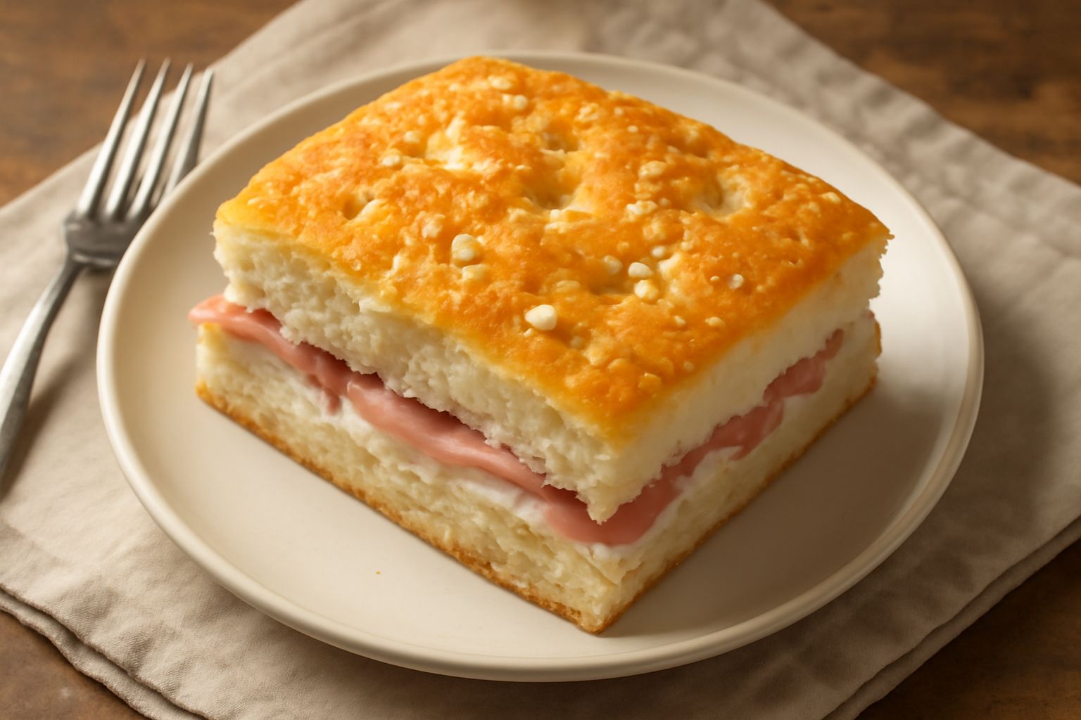 Focaccia bergamasca tagliata a metà mostrando l'interno soffice color giallo crema con ripieno di formaggio filante e salumi rosa, poggiata su piatto bianco con grani di sale grosso visibili in superf