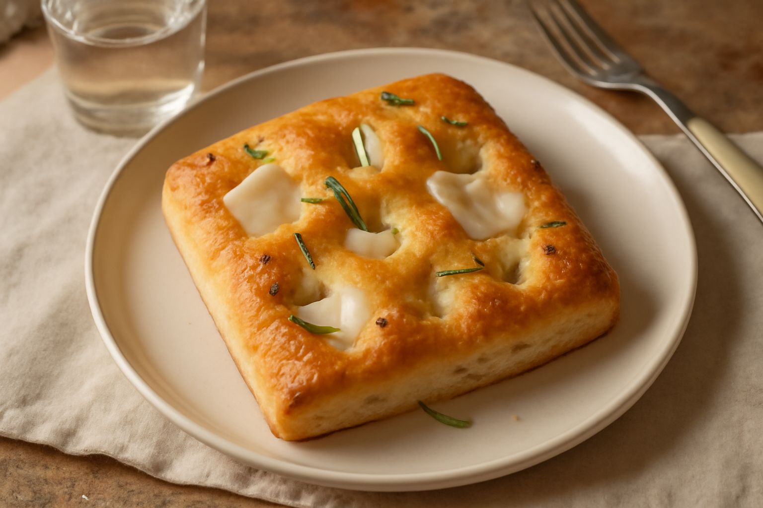 Focaccia bolognese dorata in teglia, solcata da fossette profonde, cosparsa di granelli di sale grosso e striature di lardo bianco, con rami di rosmarino fresco sparpagliati in superficie