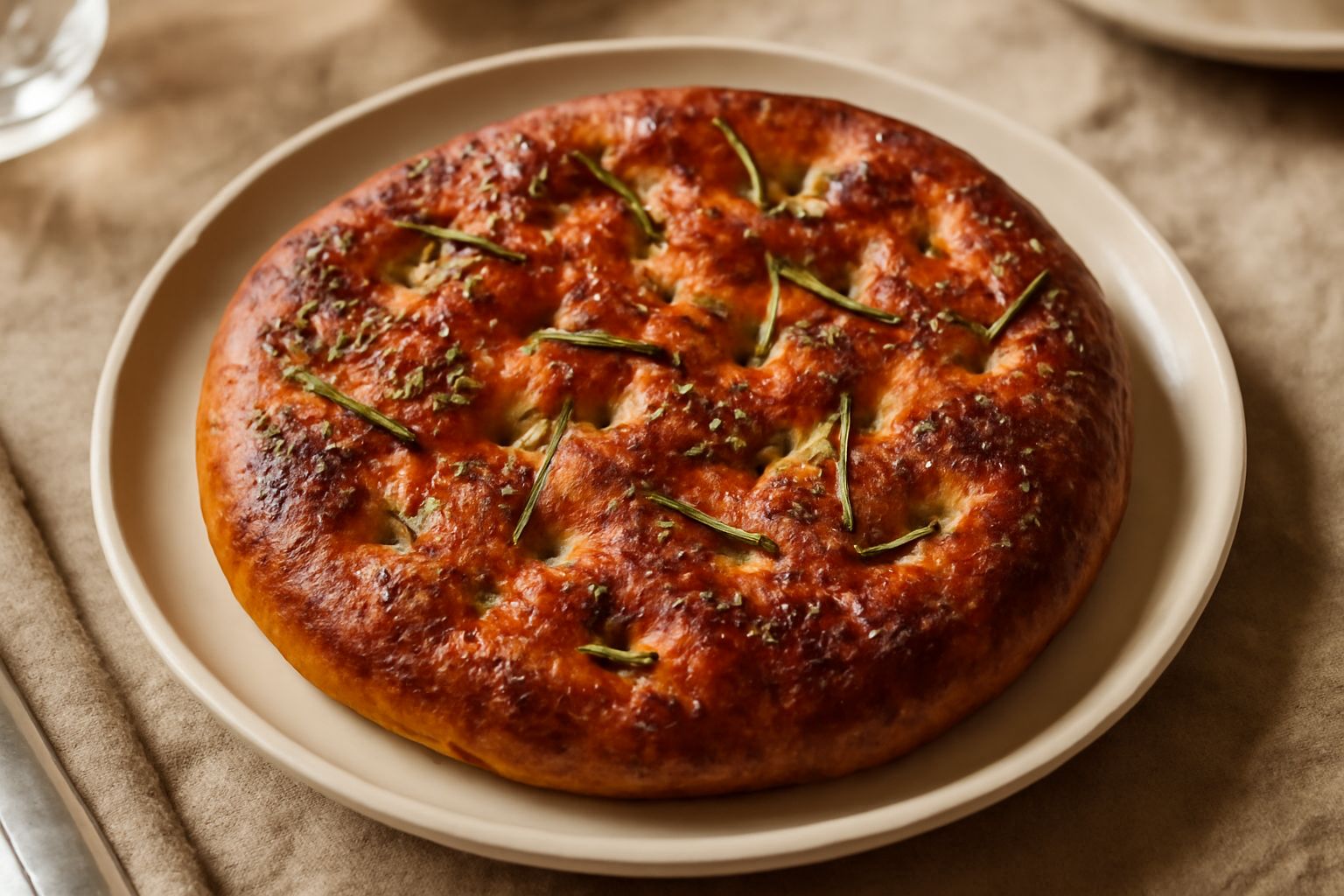 Focaccia bresciana quadrata, dorata e fragrante, con rosmarino fresco sparso in superficie e cristalli di sale grosso, su un piatto bianco con accanto rametti di rosmarino.