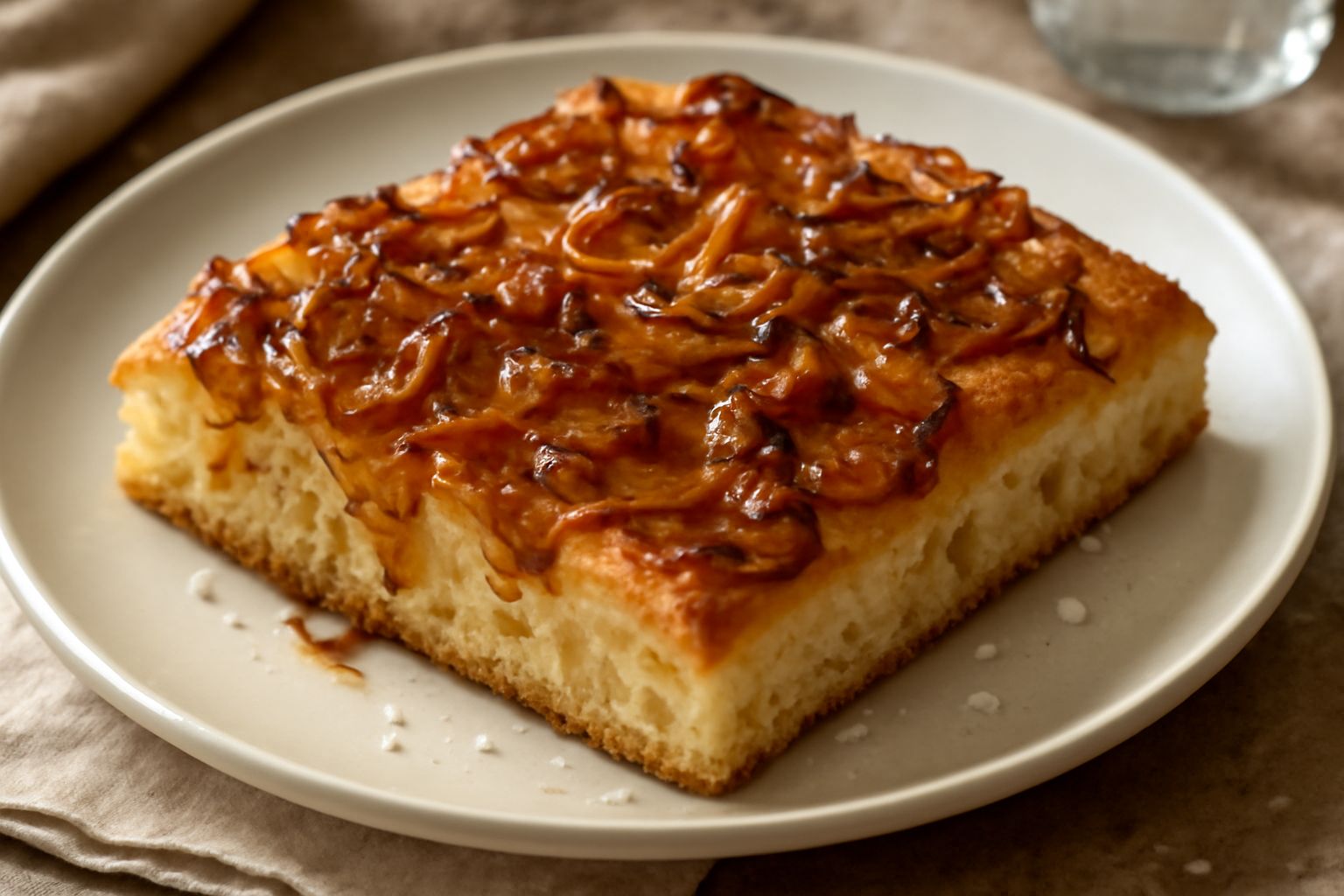 Focaccia ca' cipolla dorata su un piatto bianco, cosparsa di cipolle morbide caramellate color ambra, ricoperta di olio lucido e sale marino grosso, con un taglio fresco che mostra l'interno soffice c
