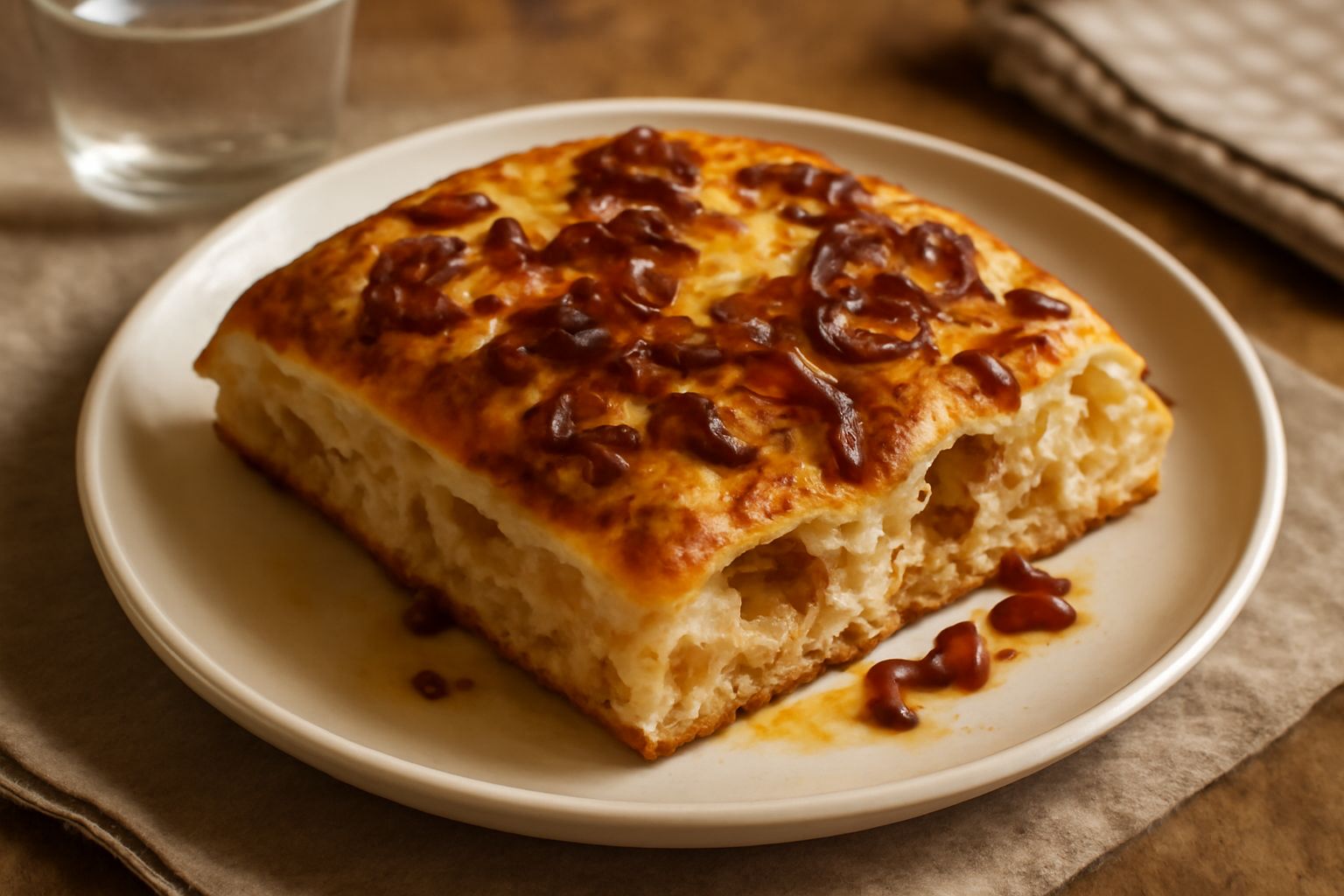 Focaccia appena sfornata con crosta dorata e cipolle caramellate visibili in superficie, taglierino diagonale che mostra la molla interna, pezzetto staccato sulla tavola di legno